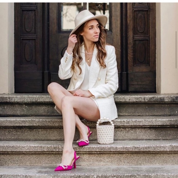 ZARA Fuchsia Pink Satin Embellished Crystal Bow Sling Back Heels - Picture 5 of 16